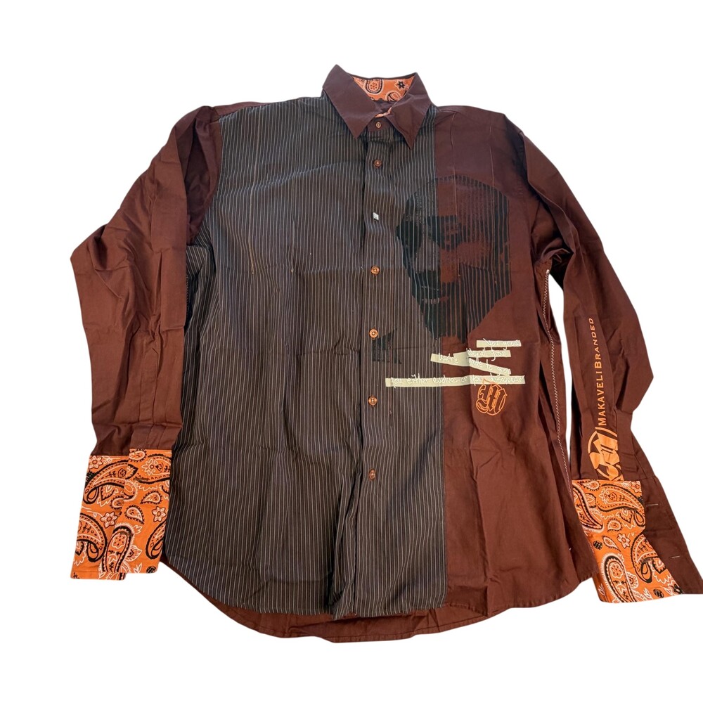 Makaveli Branded Shirt Mens XL Brown Graphic Long Sleeve Button Front Hip Hop